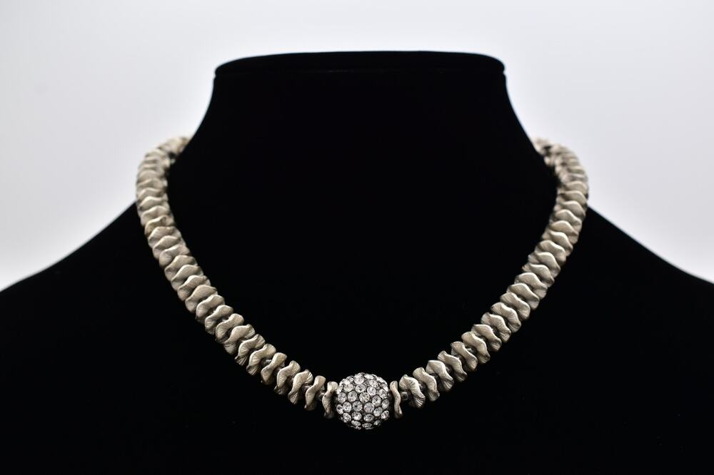 Signed RA Silver Tone Rhinestone Ball Statement Necklace Sculptural Collar 9J